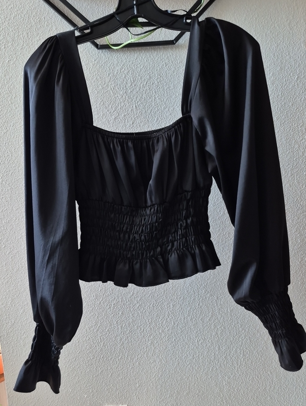 HYFVE Black Smocked Long Sleeve Square Neck Crop Top